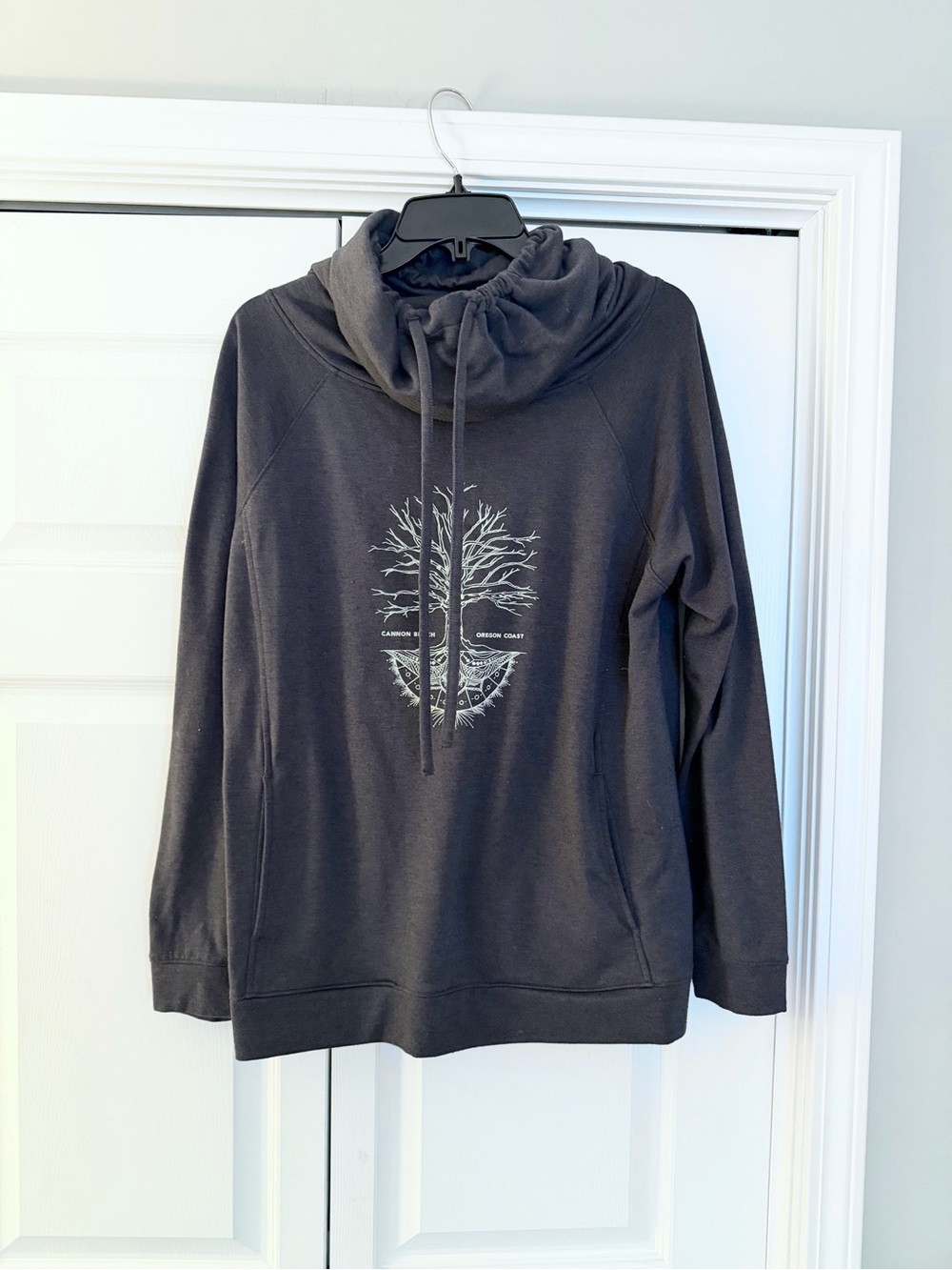 Dark Gray Crewneck Pullover Sweatshirt with Tree Graphic
